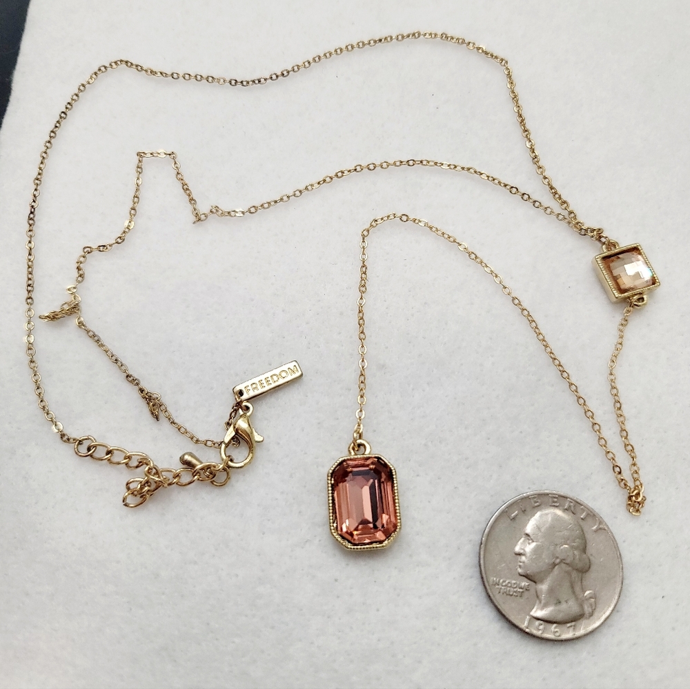 Gold and Pink Lariat Style, Double Pendant Necklace